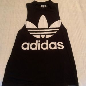 Adidas long muscle tank, black with white logo, size small